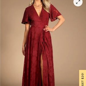 Splendid Celebration Wine Red Floral Jacquard Wrap Maxi Dress